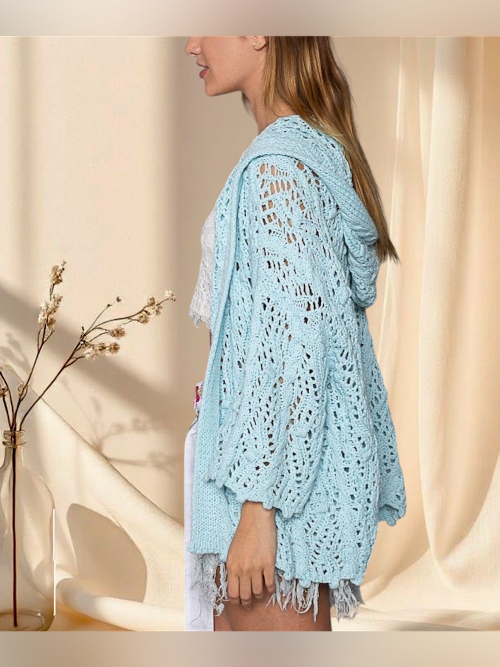 POL Baby Blue Crochet Hooded Open Knit Cardigan Sweater - Picture 3 of 5